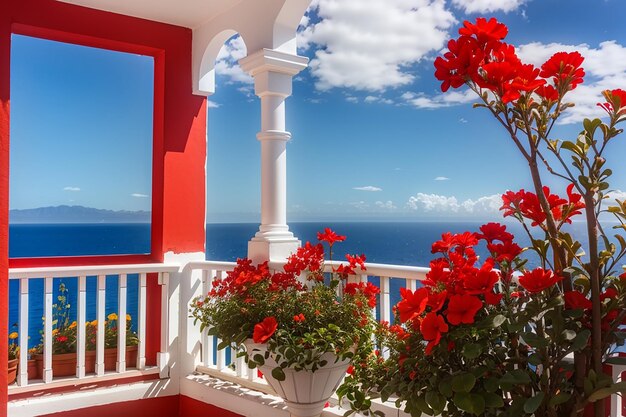 Balcón blanco con flores rojas contra un cielo azul brillante puerto de la cruz tenerife españa