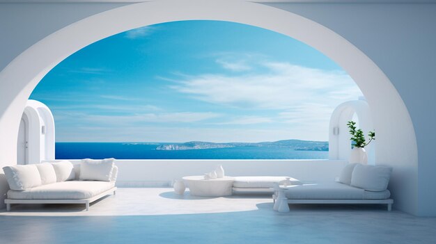 Balcón blanco vacío con muebles con vistas al mar azul.