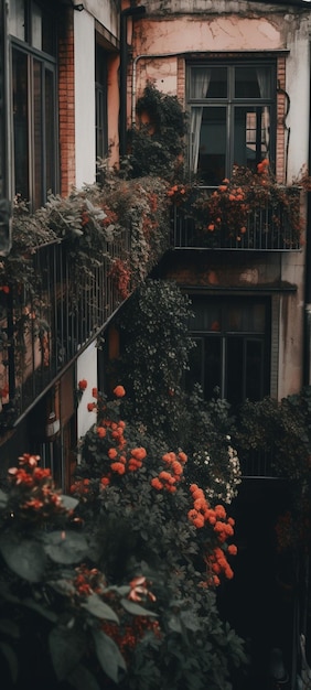 El balcón de una casa con balcón y una flor roja.