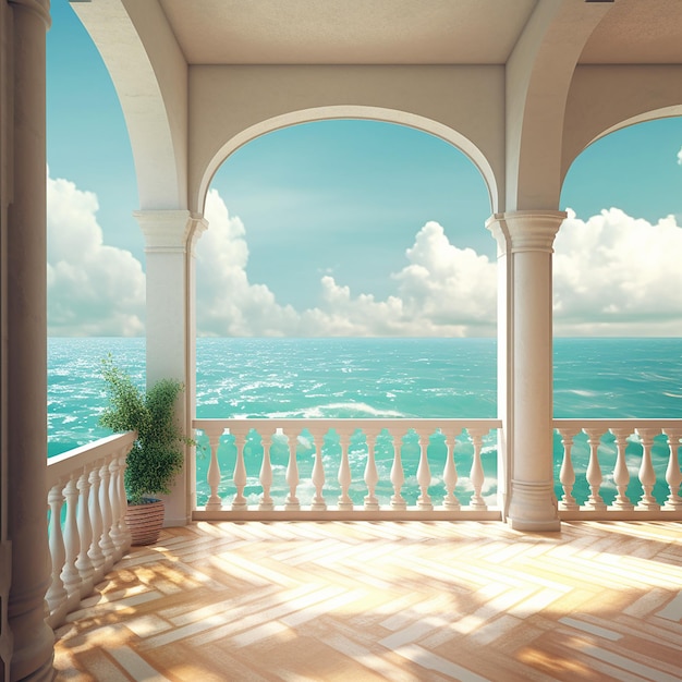 Un balcón con columnas y una vista del océano.