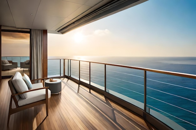 Un balcón en un crucero con vista al océano.