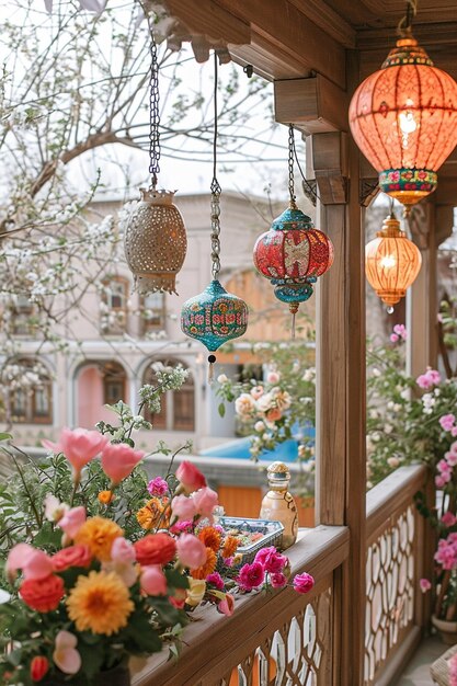 un balcón decorado elegantemente para Nowruz con linternas colgantes