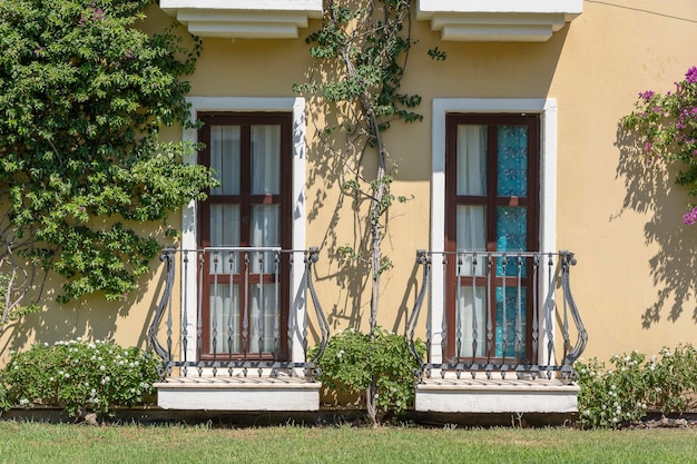 Balcón decorativo de una casa y un árbol de flores en la pared en Turquía