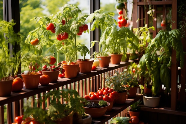 Foto un balcón densamente plantado con ollas de plantas comestibles como tomates, pimientos y verduras de hoja verde