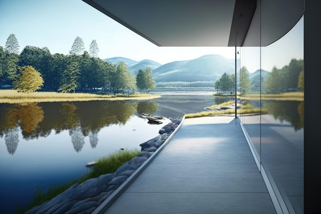 Balcón de diseño exterior de edificio moderno en paisaje de lago y montaña