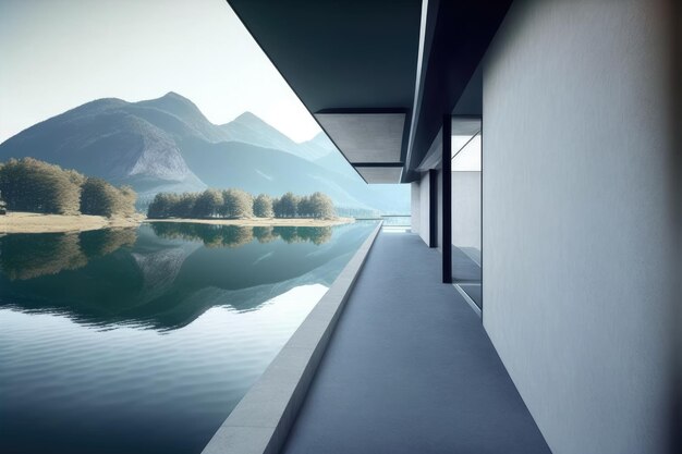 Balcón de diseño exterior de edificio moderno en paisaje de lago y montaña