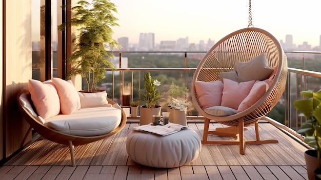 Balcón con elegante decoración de muebles.