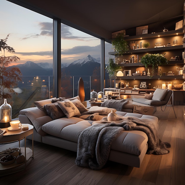 Balcón de estilo tronco con gabinete de balcón de pared, muebles suaves de luz cálida en el espacio