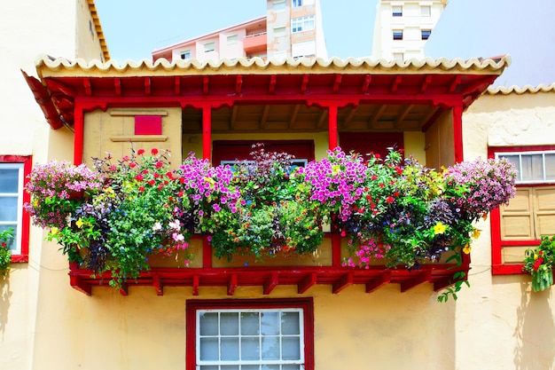 Balcón con flores en Santa Cruz de La Palma, Islas Canarias