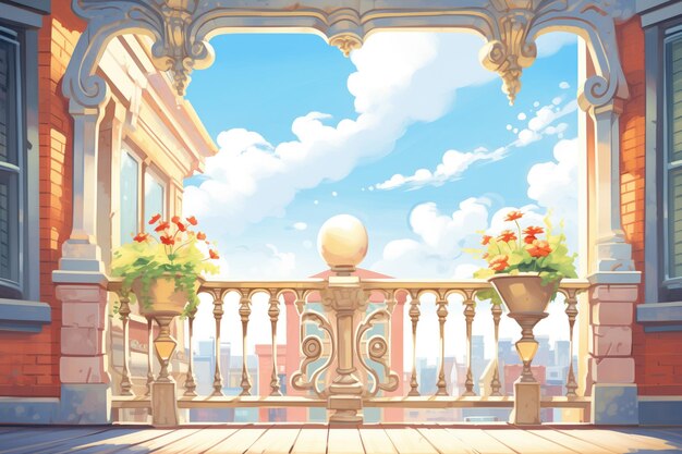 Balcón italiano iluminado por el sol con corbeles ornamentados debajo de la ilustración de estilo revista