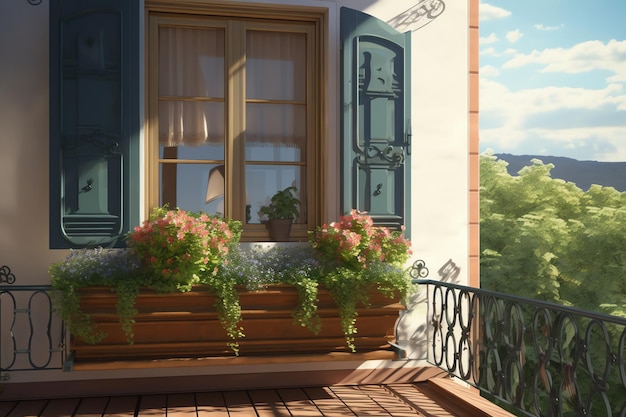 Un balcón con una jardinera con flores.
