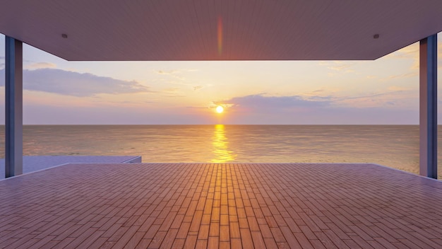 Balcón de madera al aire libre junto al mar y hermosa vista al mar en el cielo del atardecer