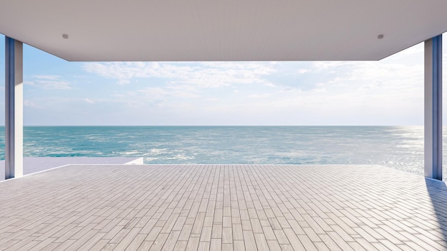 Balcón de madera al aire libre junto al mar y hermosa vista al mar