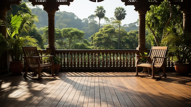 Balcón de madera tranquilo y sombreado, rodeado por un jardín de estilo tropical AI Generative