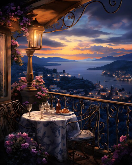 Balcón con mesa de comedor y flores