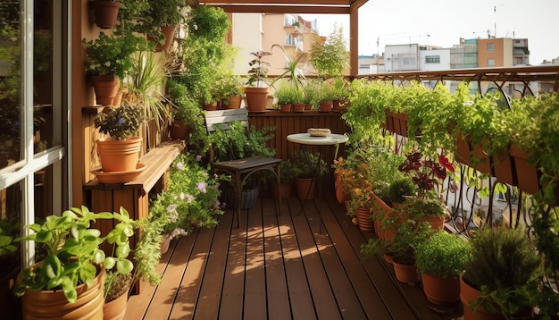 Un balcón con mesa, sillas y plantas.