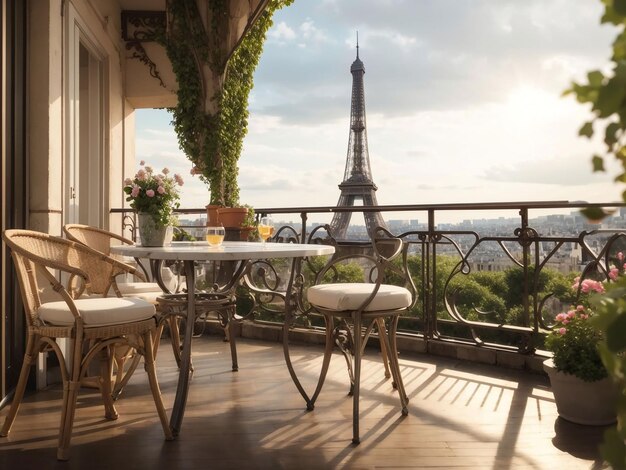 Balcón con mesa y sillas con vistas a la torre Eiffel.