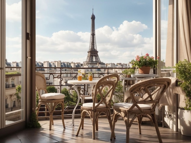 Balcón con mesa y sillas con vistas a la torre Eiffel.