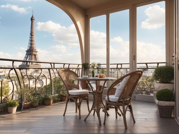 Balcón con mesa y sillas con vistas a la torre Eiffel.