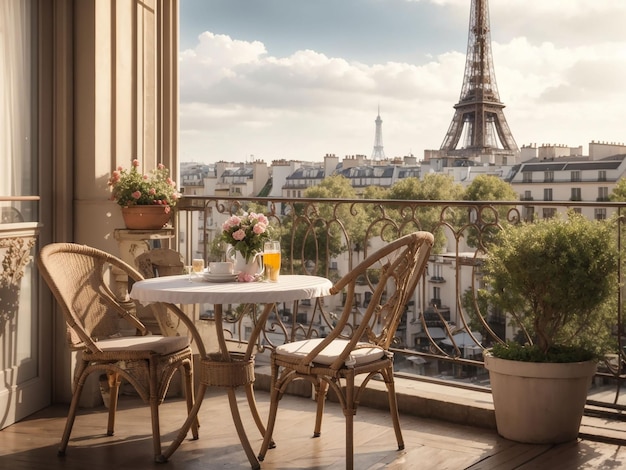 Balcón con mesa y sillas con vistas a la torre Eiffel.