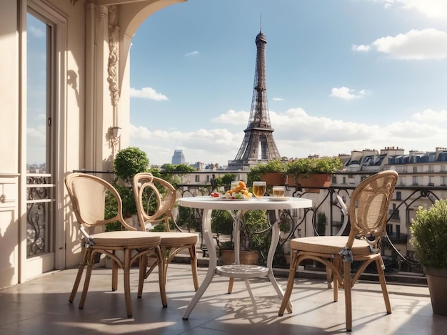 Balcón con mesa y sillas con vistas a la torre Eiffel.