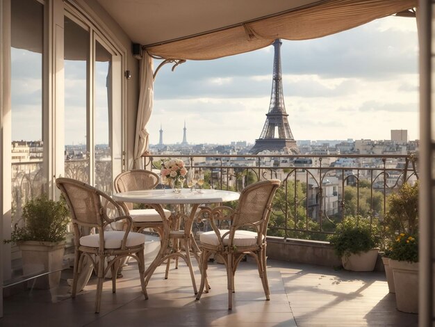 Balcón con mesa y sillas con vistas a la torre Eiffel.