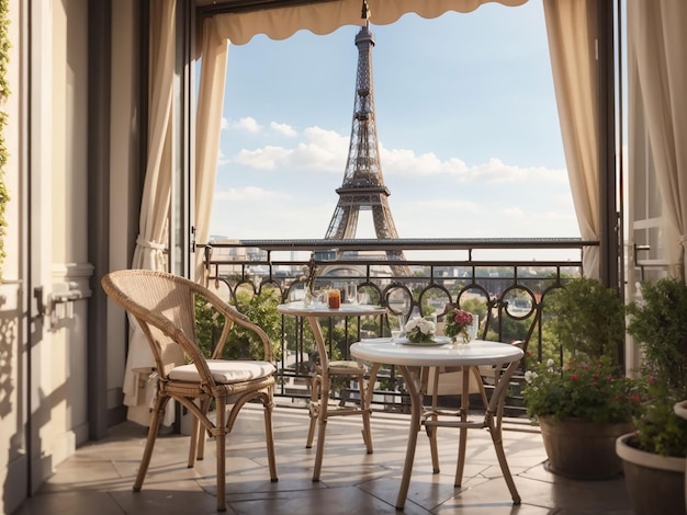 Balcón con mesa y sillas con vistas a la torre Eiffel.