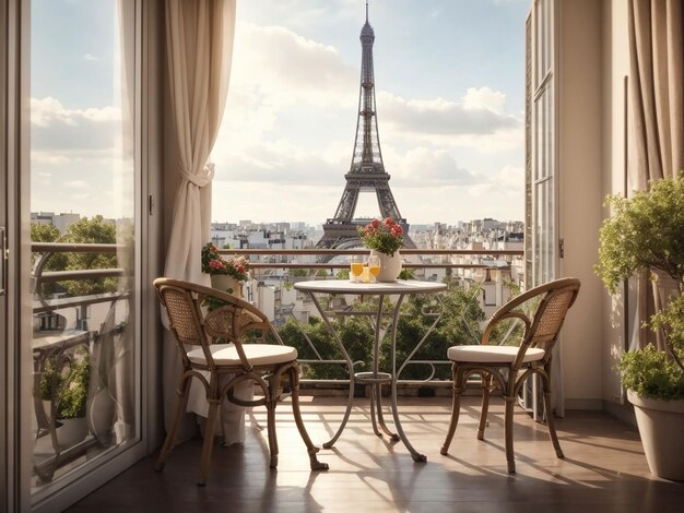 Balcón con mesa y sillas con vistas a la torre Eiffel.