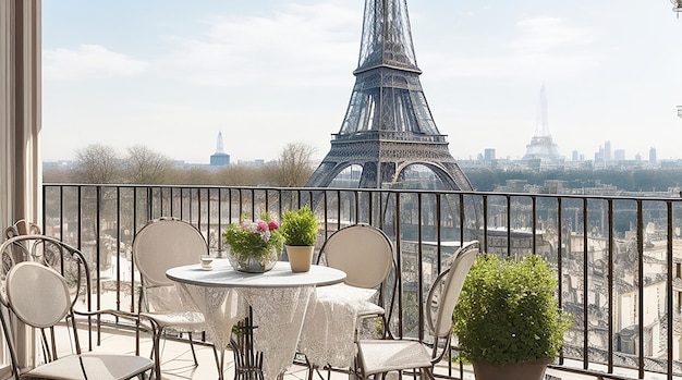 Balcón con mesa y sillas con vistas a la Torre Eiffel.