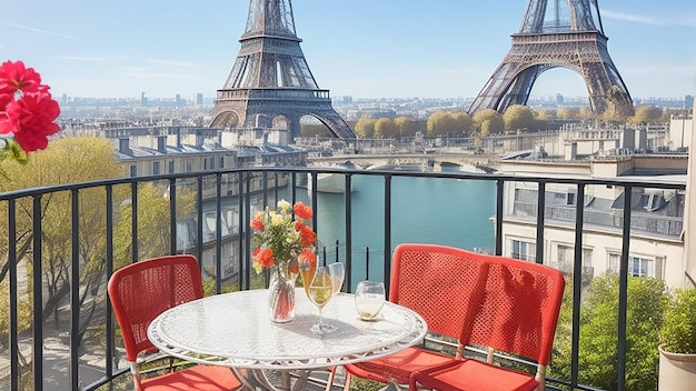 Balcón con mesa y sillas con vistas a la Torre Eiffel.