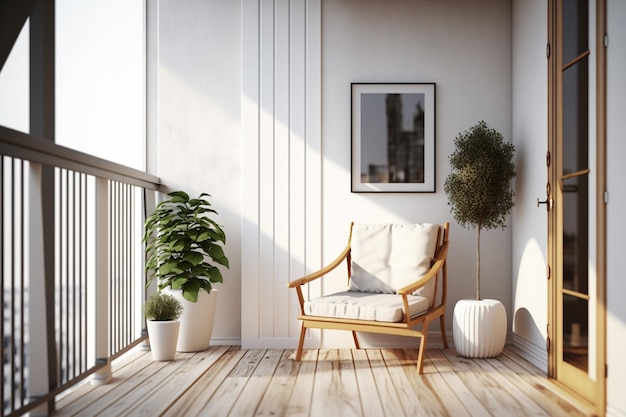 Balcón o veranda en una casa o apartamento moderno con un acogedor sillón y un rayo de sol de planta IA generativa