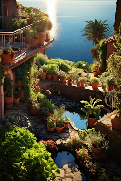 un balcón con plantas y una fuente de agua