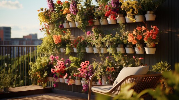 Un balcón con plantas en maceta y sillas