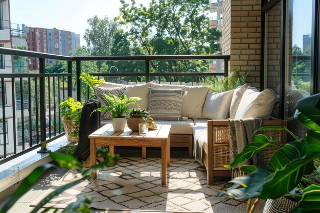 Balcón con sofá al aire libre y mesa de café de madera de estilo escandinavo IA generativa