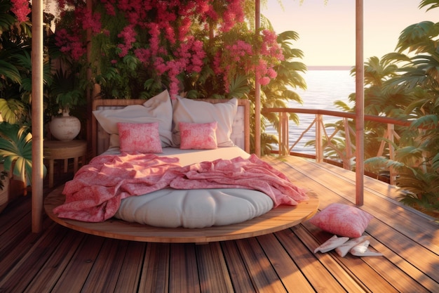 Balcón tropical junto a la playa con una acogedora cama de día