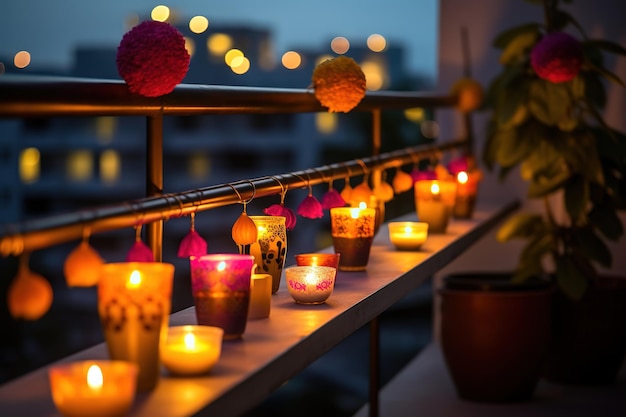 Balcón con velas encendidas y otras decoraciones sobre un fondo bokeh brillante