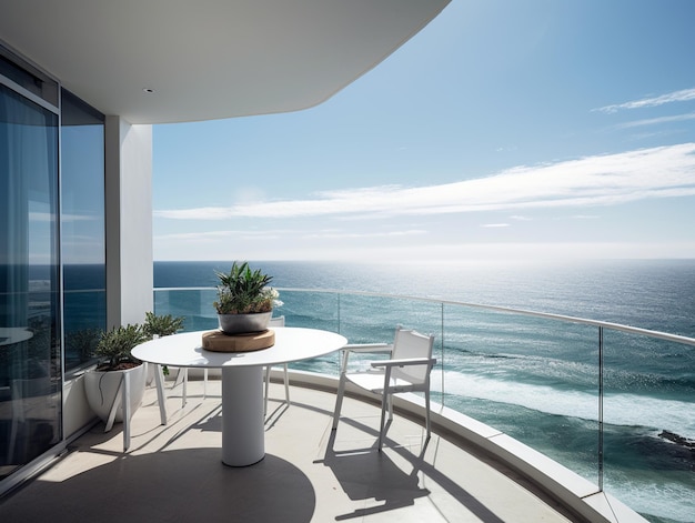 Un balcón con vista al mar y una mesa con sillas y plantas.