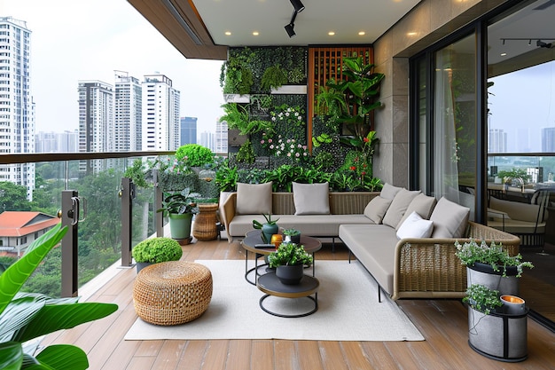 un balcón con una vista de una ciudad y un balcín con plantas y una vista de la ciudad