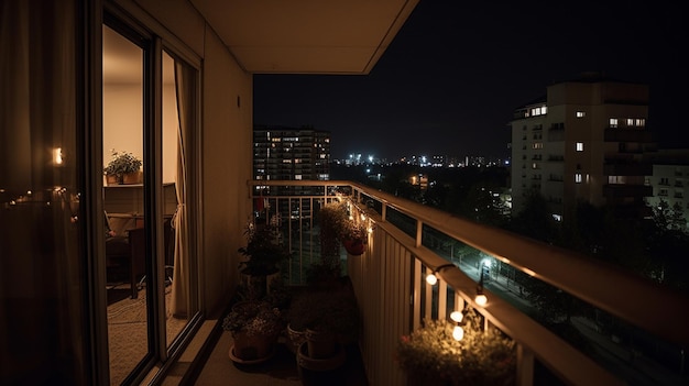 Un balcón con vista a la ciudad de noche