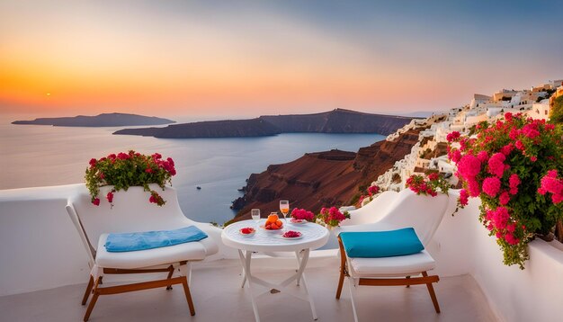 un balcón con una vista del océano y una mesa con flores en ella