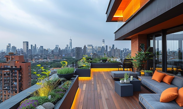 Foto un balcón con vistas al horizonte de la ciudad