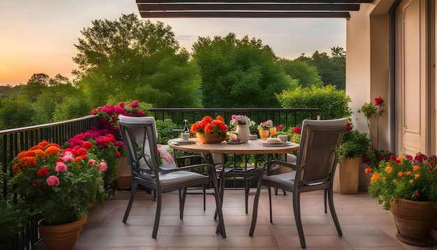 un balcón con vistas a los árboles y las flores