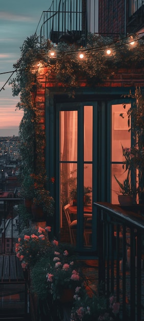 Un balcón con vistas a París de noche.