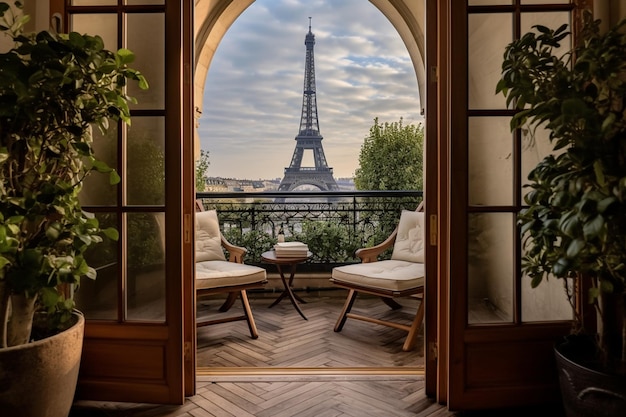 Un balcón con vistas a la torre eiffel desde el balcón.