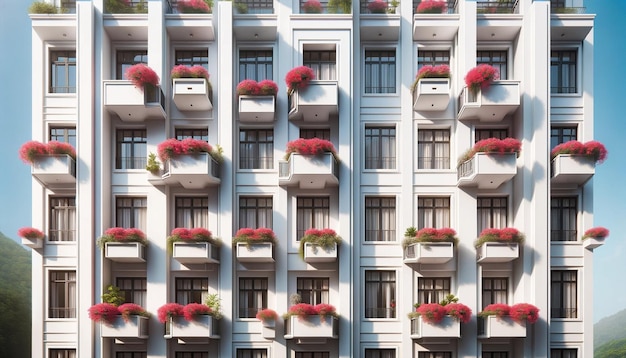 Balcones blancos de la fachada del edificio con flores rosadas