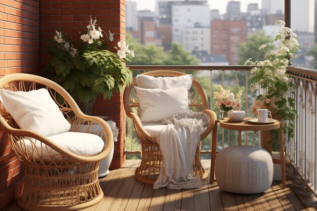 Balcones con muebles de mimbre.