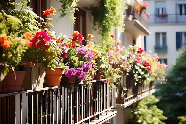 Balcones de primavera Fotografía de balcones adornados con plantas en maceta y flores IA Imagen