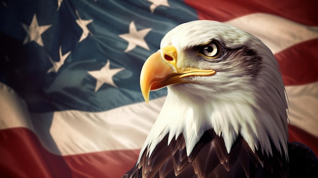 Bald Eagle mit amerikanischer Flagge im Hintergrund