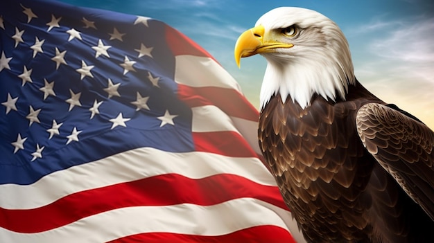 Bald Eagle und amerikanische Flagge mit leerem Raum