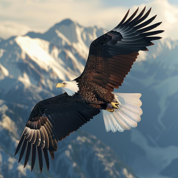 Foto a bald eagle with a white chest and yellow beak is flying in the sky